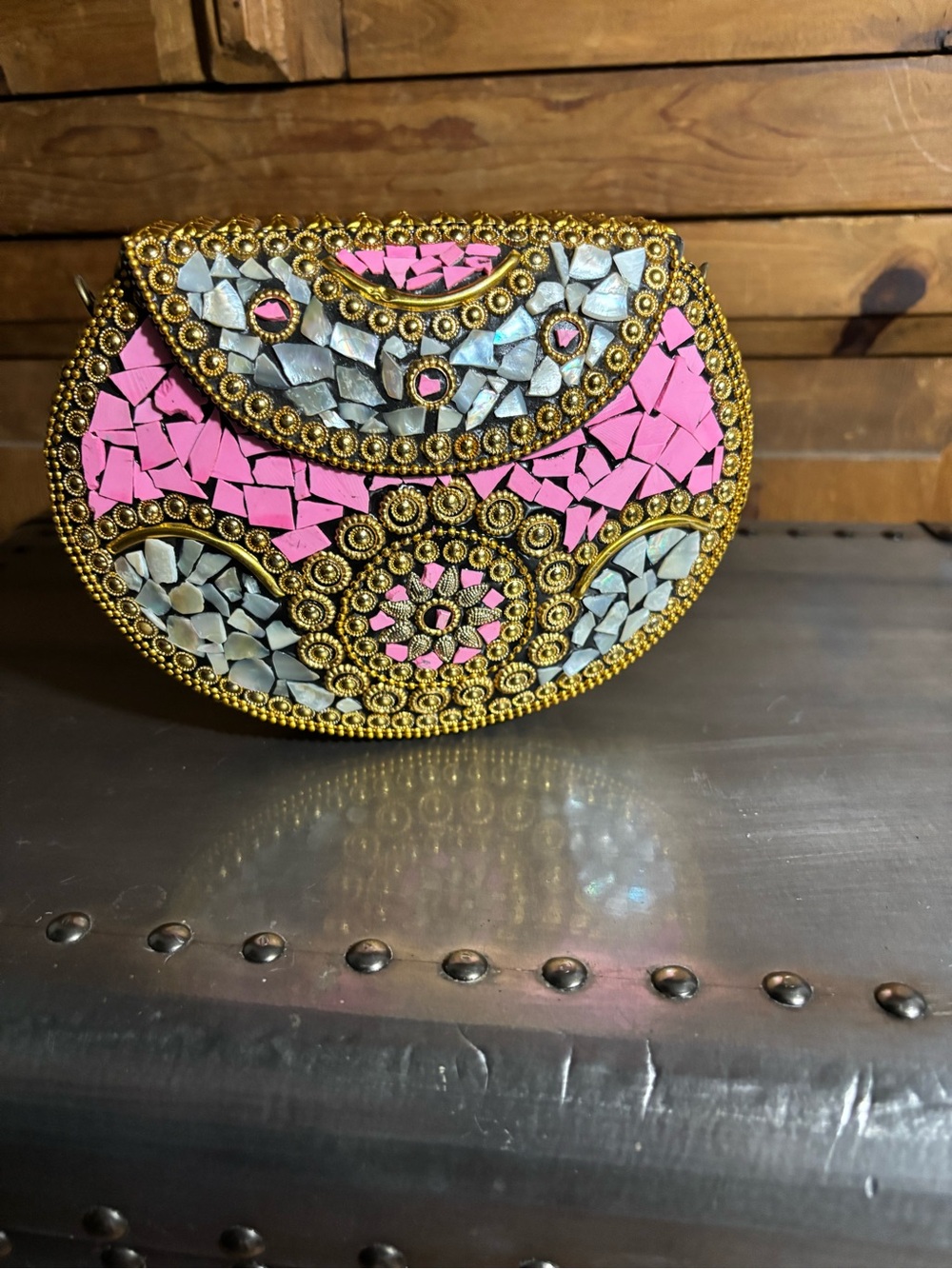Ramla Beverly Handcrafted Pink Mosaic Clutch/Shoulder Bag